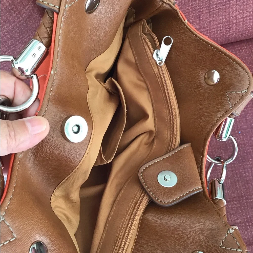 Coral orange brown Handbag purse braided handles 14” x 18” including handles EUC - Picture 4 of 15